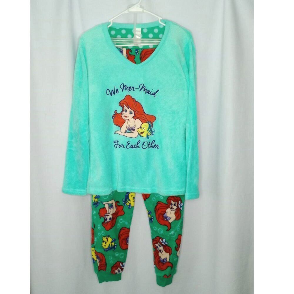 Disney Little Mermaid 2 Pc Flannel Pajama Set Top Pants PJs Sleepwear Women Med